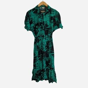 Vintage Joni Blair California Rayon Tropical Midi Dress Teal Black